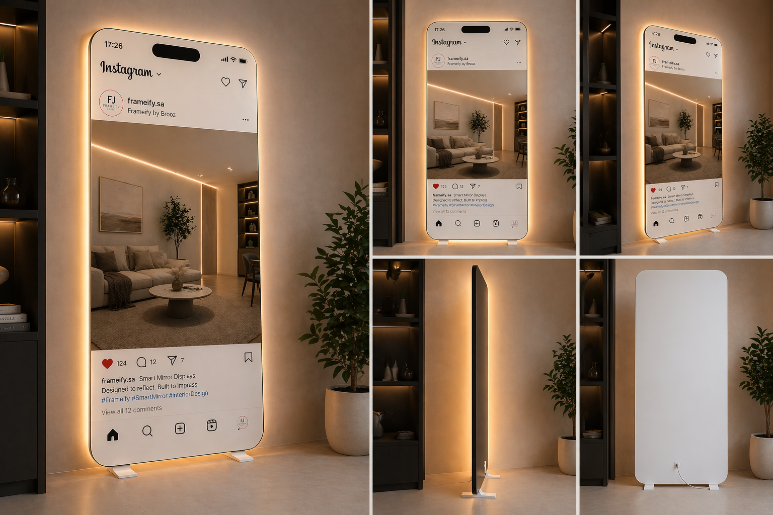 Smart mirror displaying Instagram feed with a modern interior setting