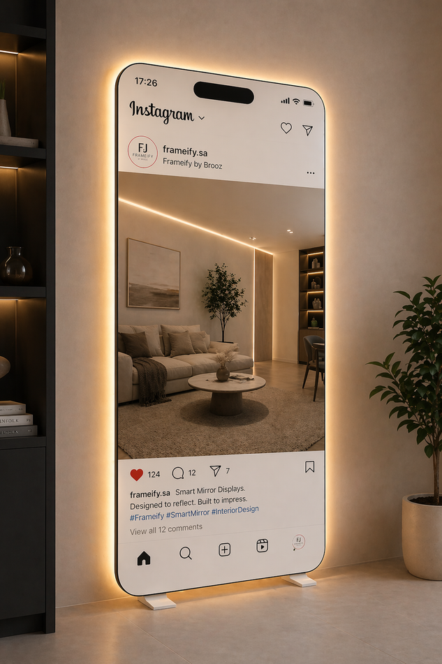 Smart mirror displaying an Instagram feed in a modern living room setting.